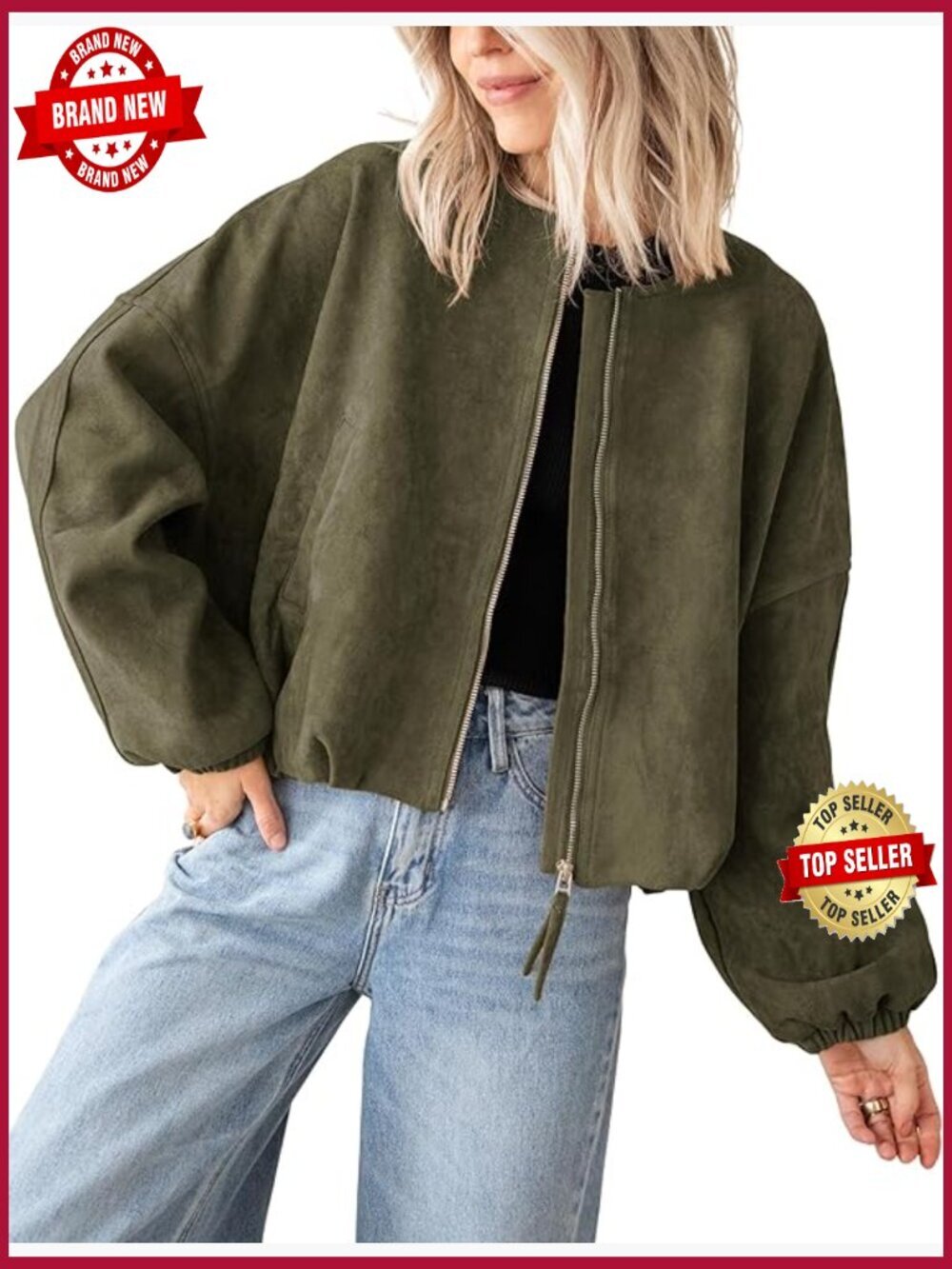 Faux Suede Leather Jacket Oversized Zip Up Bomber Coat